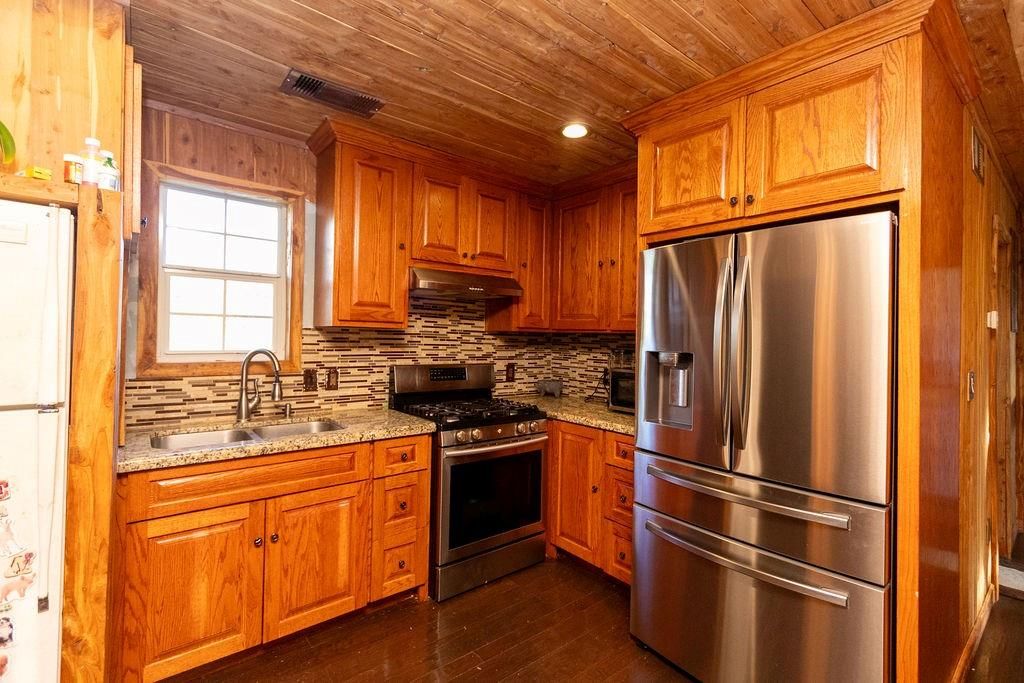 Interior, Kitchen, Recessed Lighting, Stainless Steel Appliances, Wooden Ceilings, Wood Texture Flooring