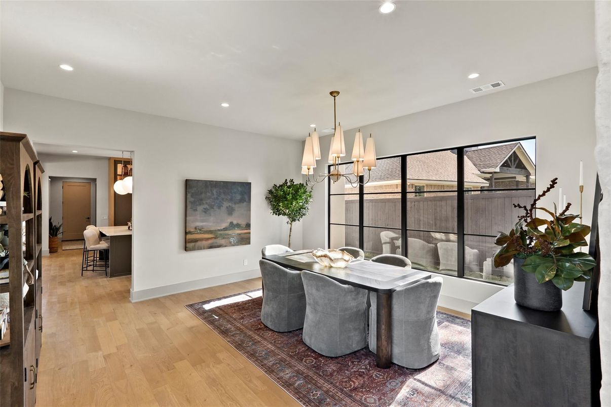 Chandelier, Dining room, Interior, Pendant Lights, Recessed Lighting, Wood Texture Flooring