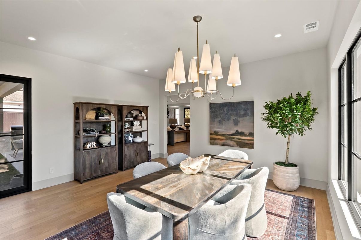 Chandelier, Dining room, Interior, Recessed Lighting, Wood Texture Flooring