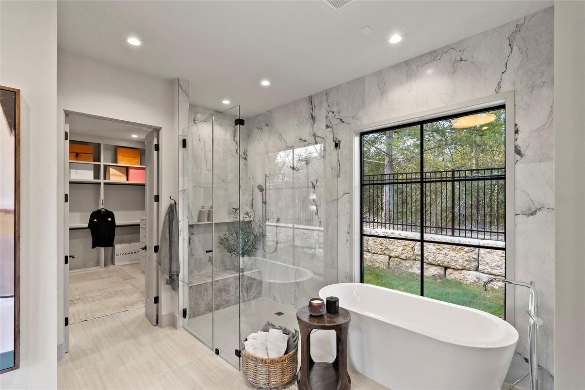 Bathroom, Free Standing Baths, Glass Shower, Interior, Marble Walls, Recessed Lighting