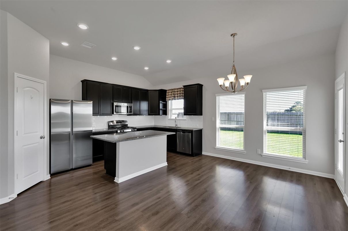 Chandelier, Interior, Kitchen, Recessed Lighting, Stainless Steel Appliances, Wood Texture Flooring