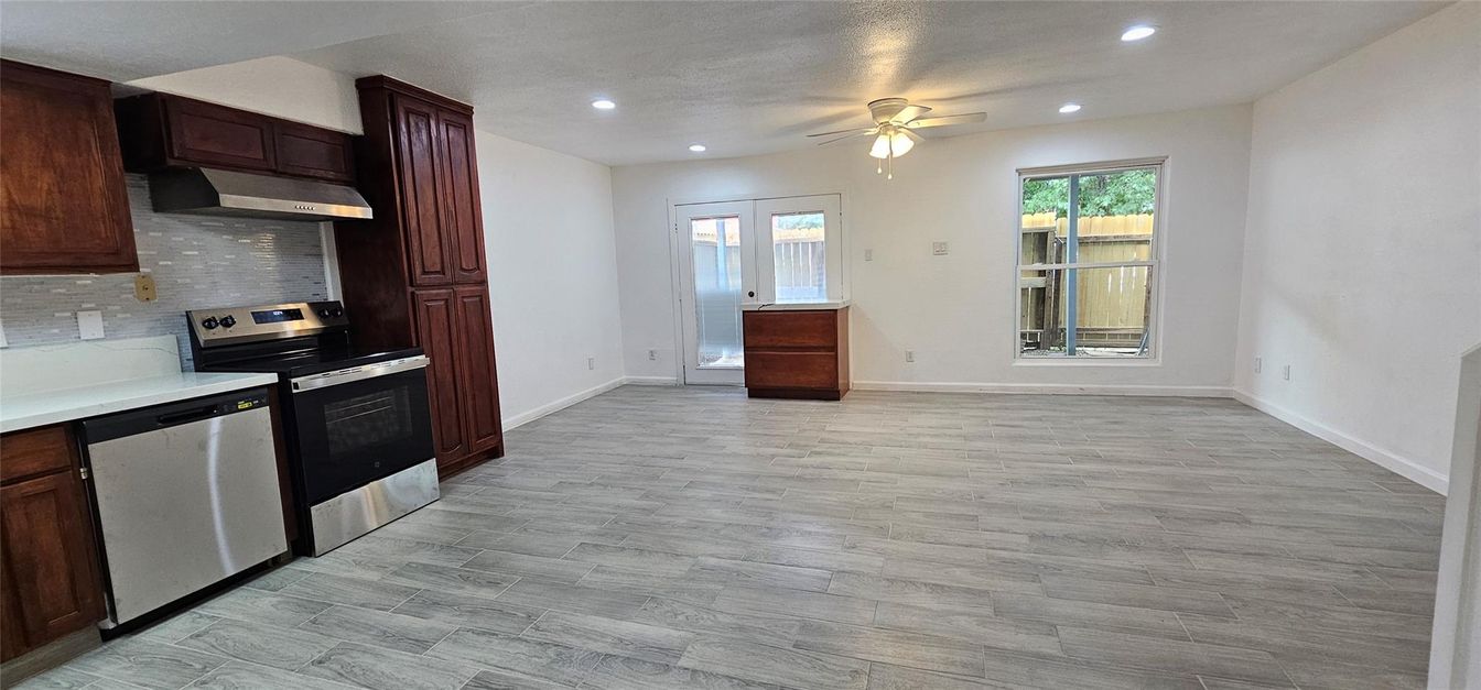 Interior, Kitchen, Recessed Lighting, Stainless Steel Appliances, Wood Texture Flooring