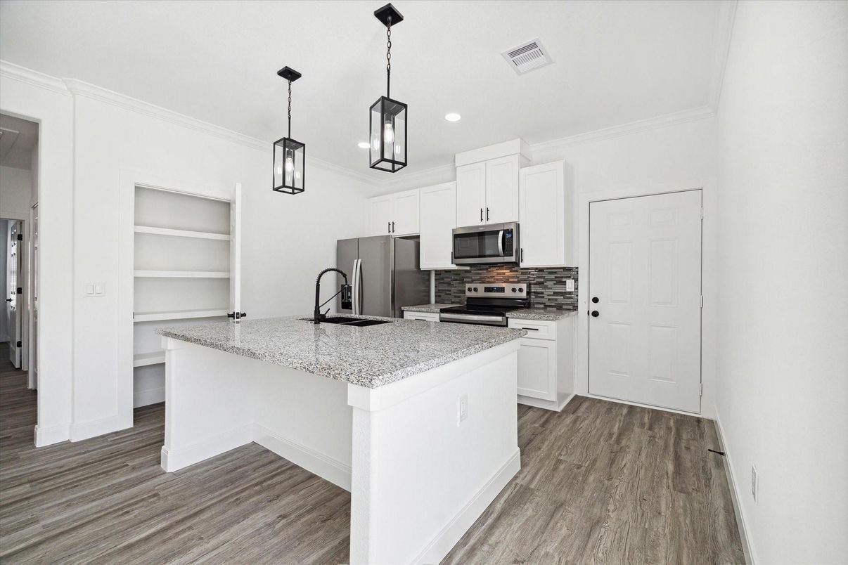 Interior, Kitchen, Pendant Lights, Recessed Lighting, Stainless Steel Appliances, Wood Texture Flooring