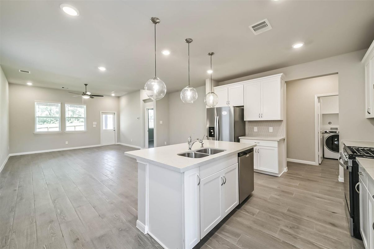 Interior, Kitchen, Pendant Lights, Recessed Lighting, Washer, Wood Texture Flooring