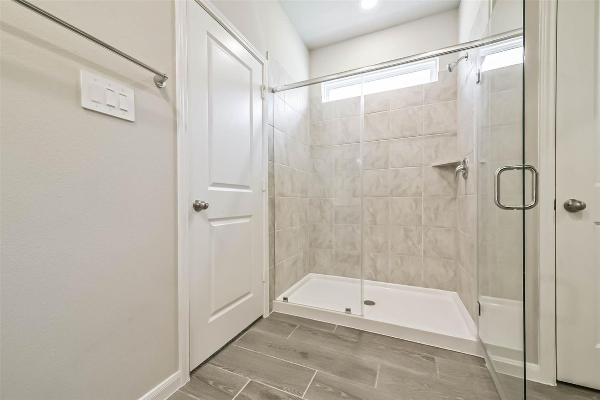 Bathroom, Glass Shower, Interior, Recessed Lighting, Wood Texture Flooring