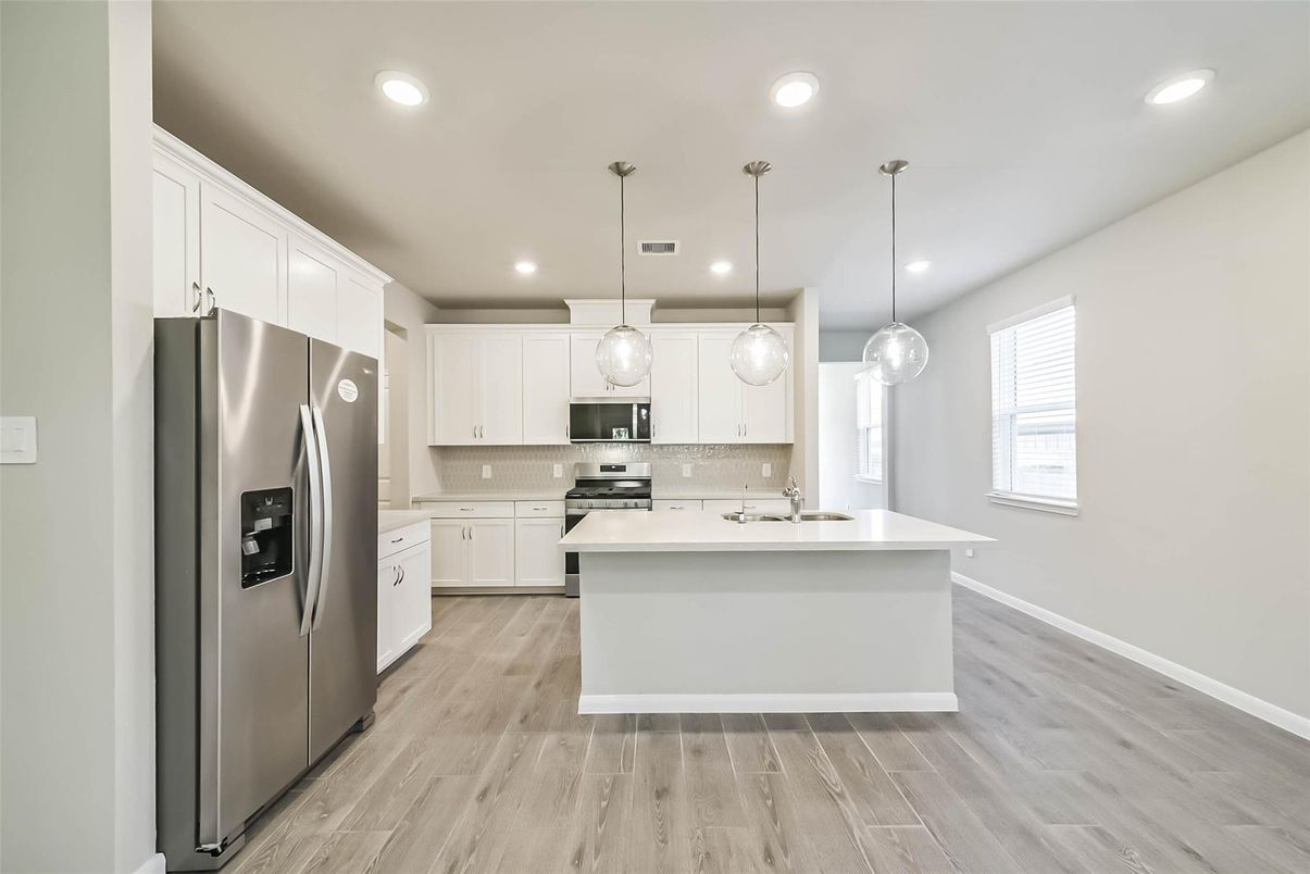 Interior, Kitchen, Pendant Lights, Recessed Lighting, Stainless Steel Appliances, Wood Texture Flooring