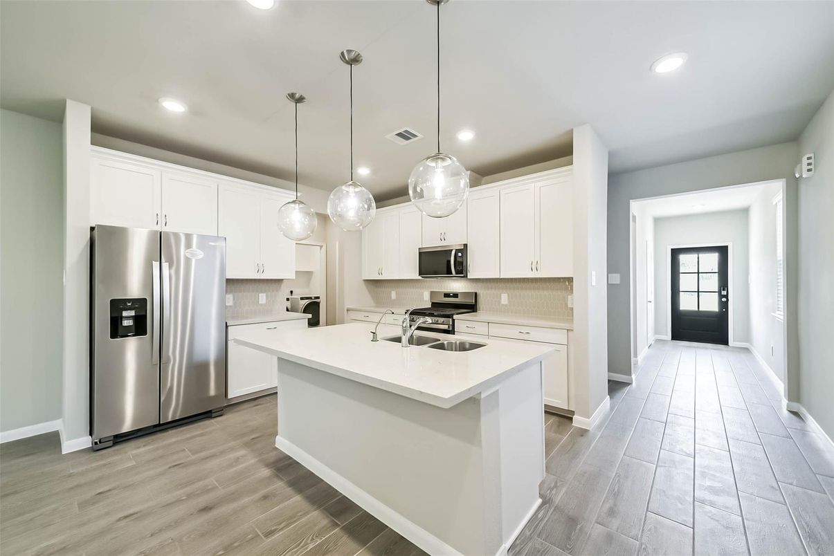 Interior, Kitchen, Pendant Lights, Recessed Lighting, Stainless Steel Appliances, Wood Texture Flooring