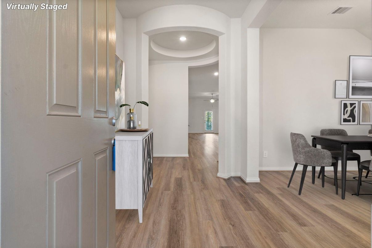 Dining room, Interior, Recessed Lighting, Wood Texture Flooring