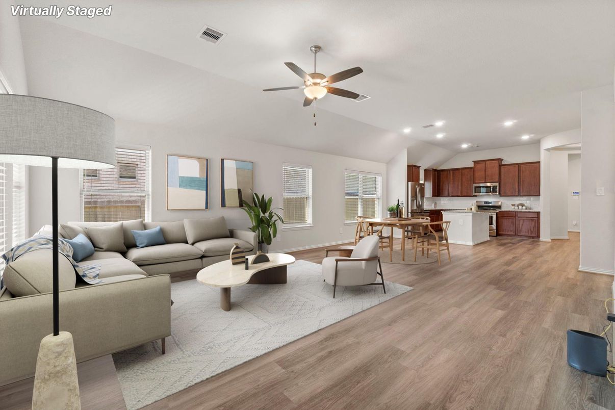 Dining room, Interior, Kitchen, Living room, Recessed Lighting, Stainless Steel Appliances, Wood Texture Flooring