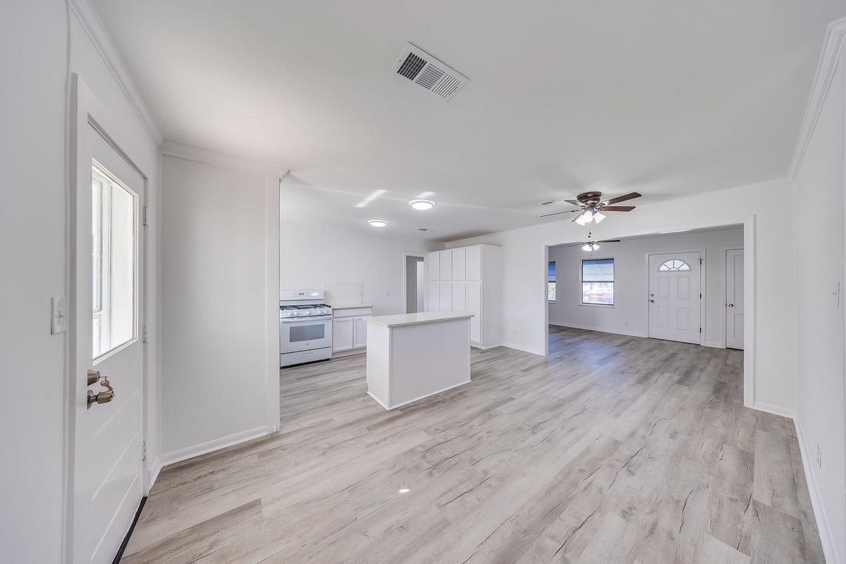 Empty room, Interior, Kitchen, Recessed Lighting, Wood Texture Flooring