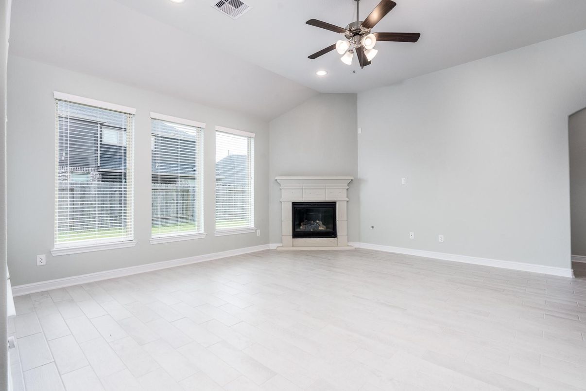 Empty room, Fireplace, Interior, Recessed Lighting, Wood Texture Flooring