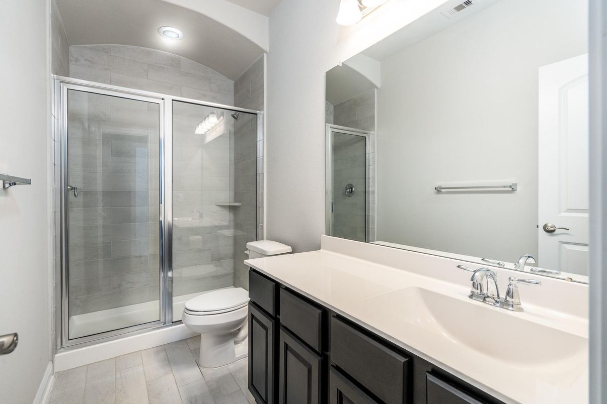 Bathroom, Glass Shower, Interior, Recessed Lighting, Wood Texture Flooring