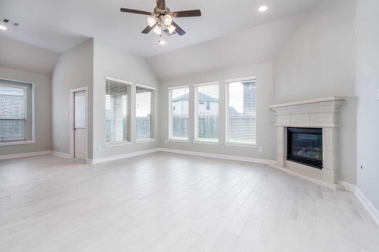 Empty room, Fireplace, Interior, Recessed Lighting, Wood Texture Flooring