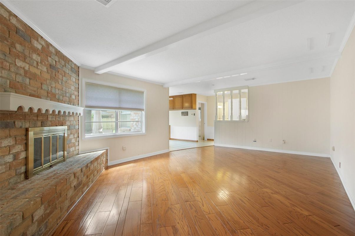 Empty room, Fireplace, Interior, Kitchen, Stone Walls, Wood Texture Flooring