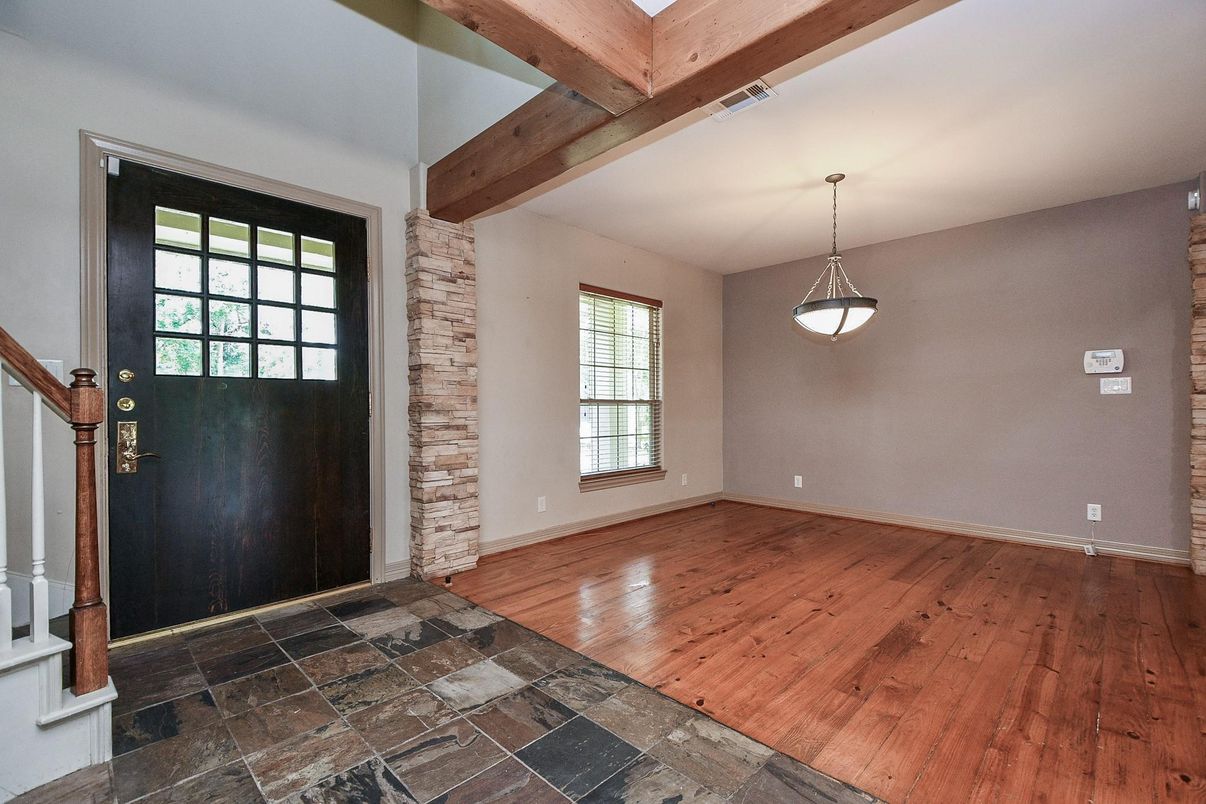Empty room, Interior, Pendant Lights, Wooden Beams, Wood Texture Flooring