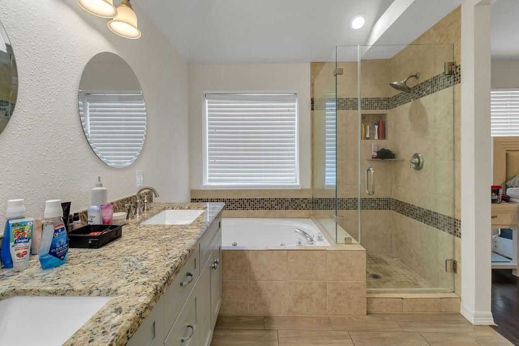 Bathroom, Dual Sink Vanities, Glass Shower, Interior, Recessed Lighting