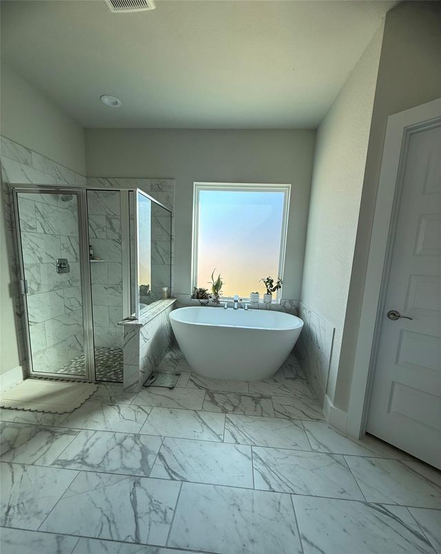 Bathroom, Free Standing Baths, Interior, Marble, Marble Walls, Recessed Lighting
