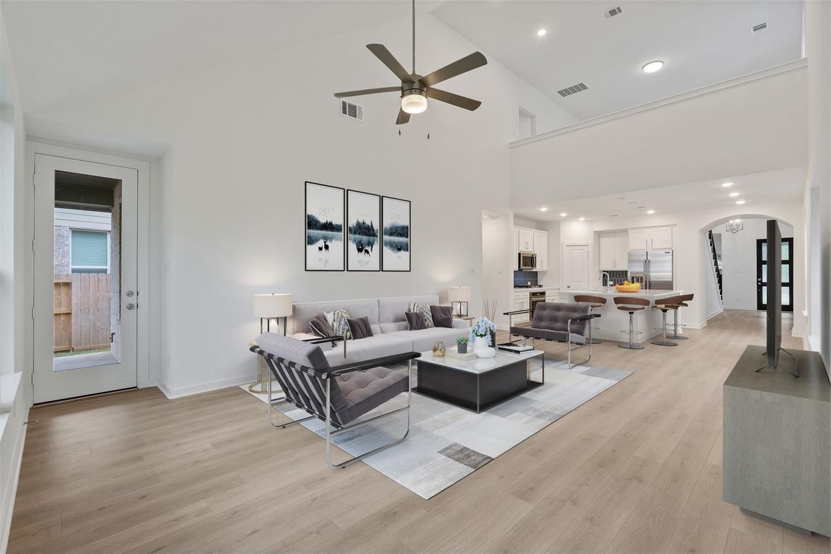 Interior, Kitchen, Living room, Recessed Lighting, Stainless Steel Appliances, Wood Texture Flooring