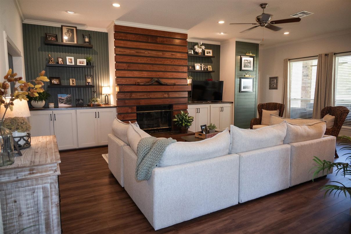 Fireplace, Interior, Living room, Recessed Lighting, Wood Texture Flooring, Wooden Walls