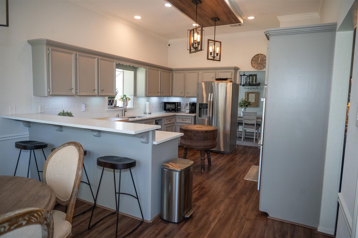 Interior, Kitchen, Pendant Lights, Recessed Lighting, Stainless Steel Appliances, Wooden Beams, Wood Texture Flooring