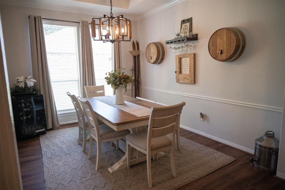 Dining room, Interior, Pendant Lights, Wood Texture Flooring