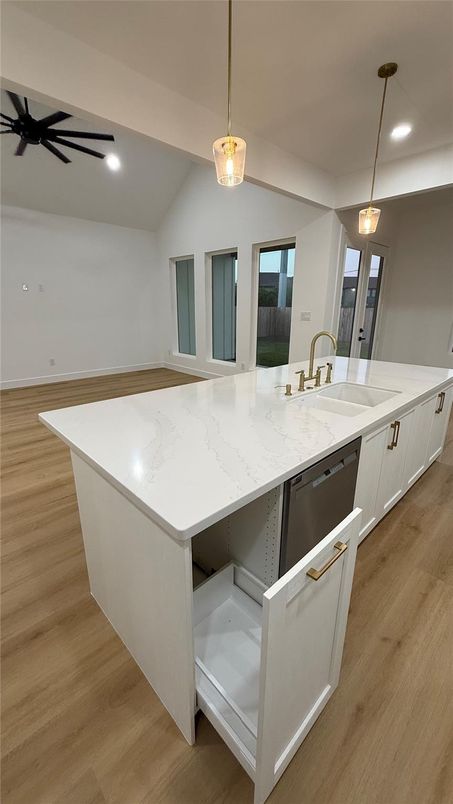 Interior, Kitchen, Pendant Lights, Recessed Lighting, Wood Texture Flooring