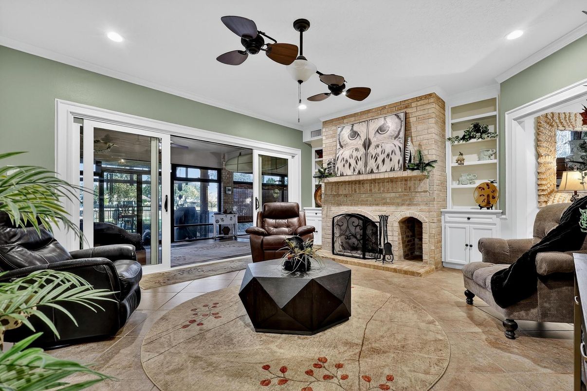 Fireplace, Interior, Living room, Recessed Lighting, Stone Walls