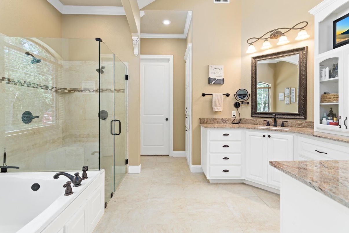 Bathroom, Dual Sink Vanities, Glass Shower, Interior, Recessed Lighting