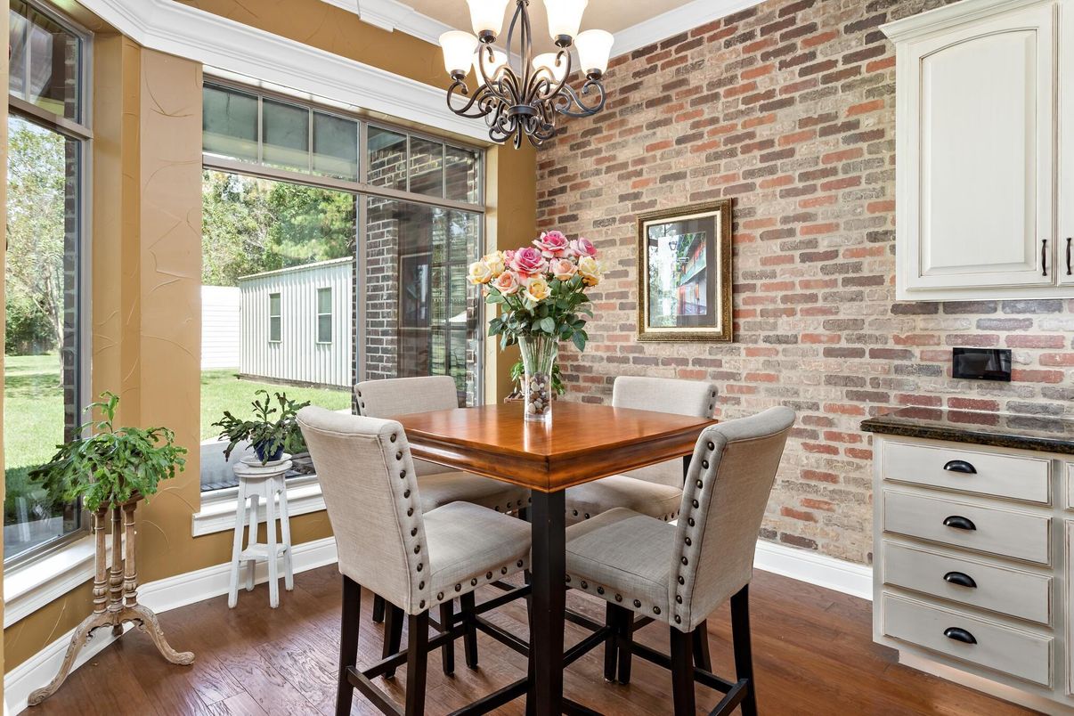 Chandelier, Dining room, Interior, Stone Walls, Wood Texture Flooring