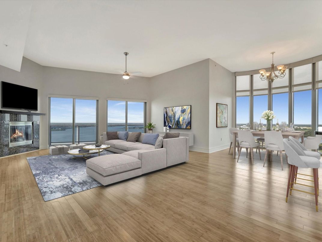 Chandelier, Dining room, Fireplace, Interior, Living room, Water, Wood Texture Flooring