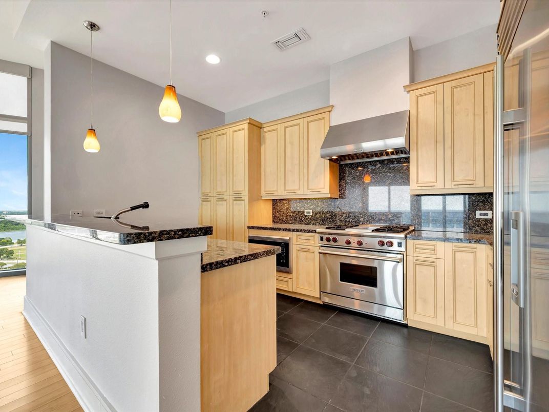 Interior, Kitchen, Pendant Lights, Recessed Lighting, Stainless Steel Appliances, Wood Texture Flooring