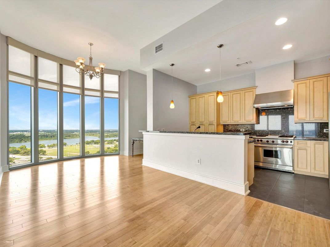 Chandelier, Interior, Kitchen, Pendant Lights, Recessed Lighting, Stainless Steel Appliances, Wood Texture Flooring