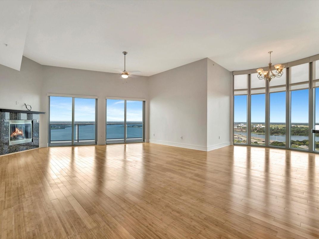 Chandelier, Empty room, Fireplace, Interior, Water, Wood Texture Flooring