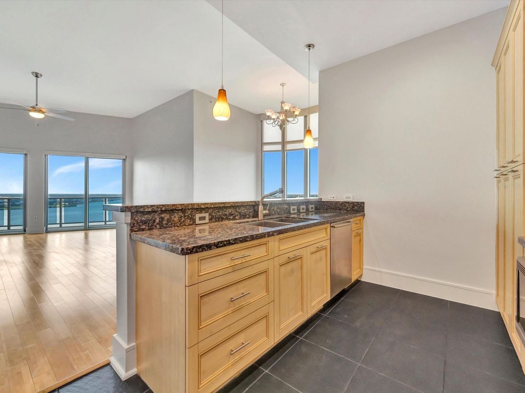 Interior, Kitchen, Pendant Lights, Water, Wood Texture Flooring
