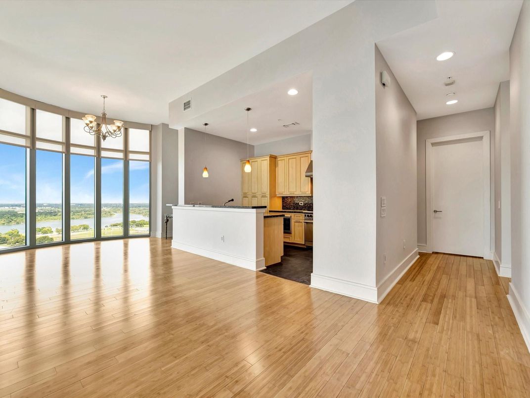 Chandelier, Empty room, Interior, Kitchen, Pendant Lights, Recessed Lighting, Wood Texture Flooring