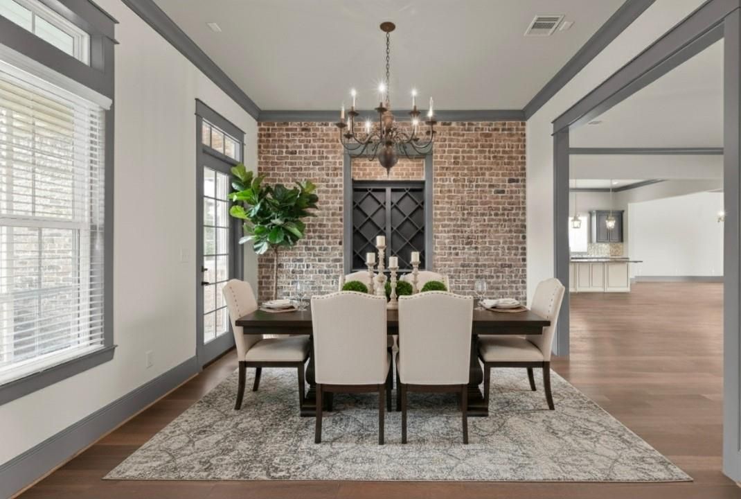 Chandelier, Dining room, Interior, Stone Walls, Wood Texture Flooring