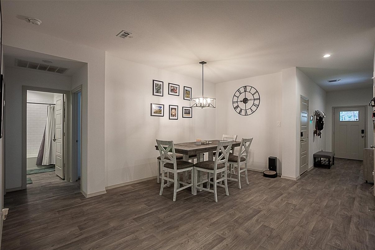 Dining room, Interior, Pendant Lights, Recessed Lighting, Wood Texture Flooring