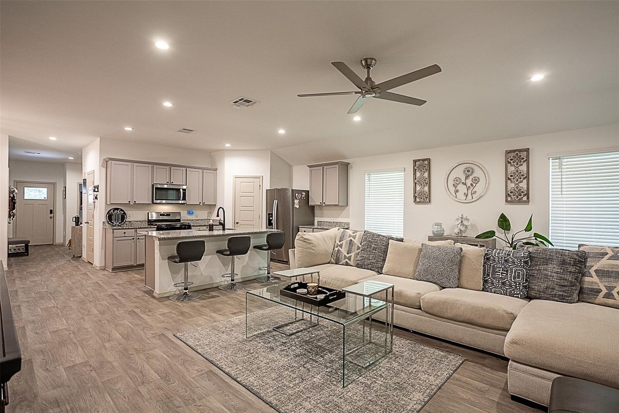 Interior, Kitchen, Living room, Recessed Lighting, Stainless Steel Appliances, Wood Texture Flooring