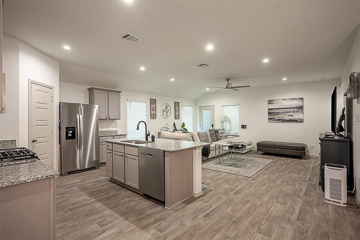 Interior, Kitchen, Living room, Recessed Lighting, Stainless Steel Appliances, Wood Texture Flooring
