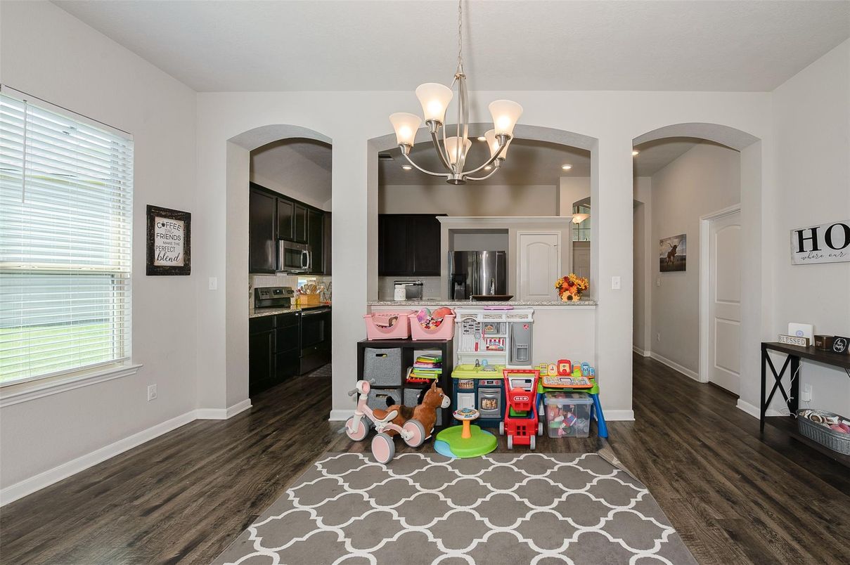 Chandelier, Interior, Kitchen, Recessed Lighting, Stainless Steel Appliances, Wood Texture Flooring