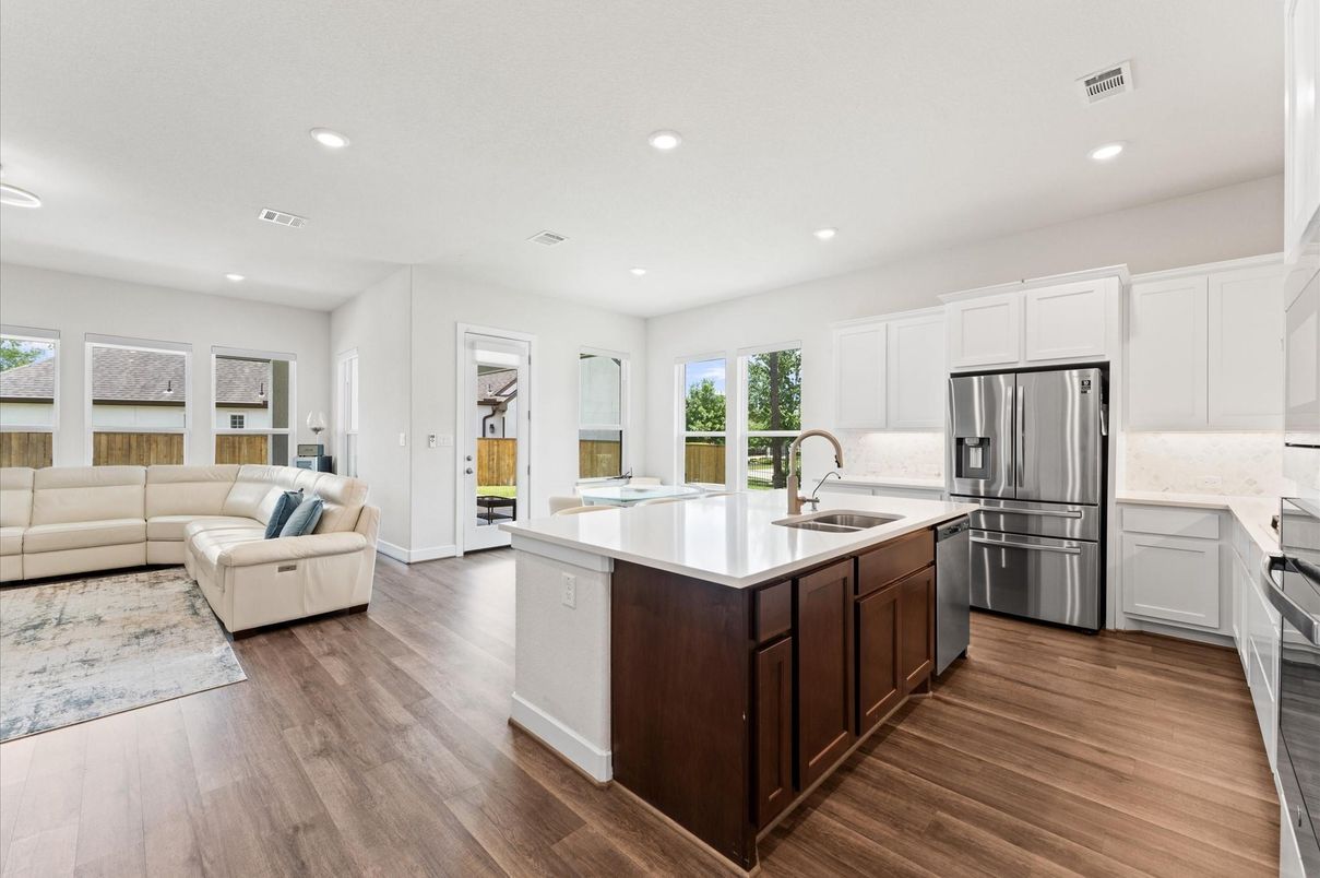 Interior, Kitchen, Living room, Recessed Lighting, Stainless Steel Appliances, Wood Texture Flooring