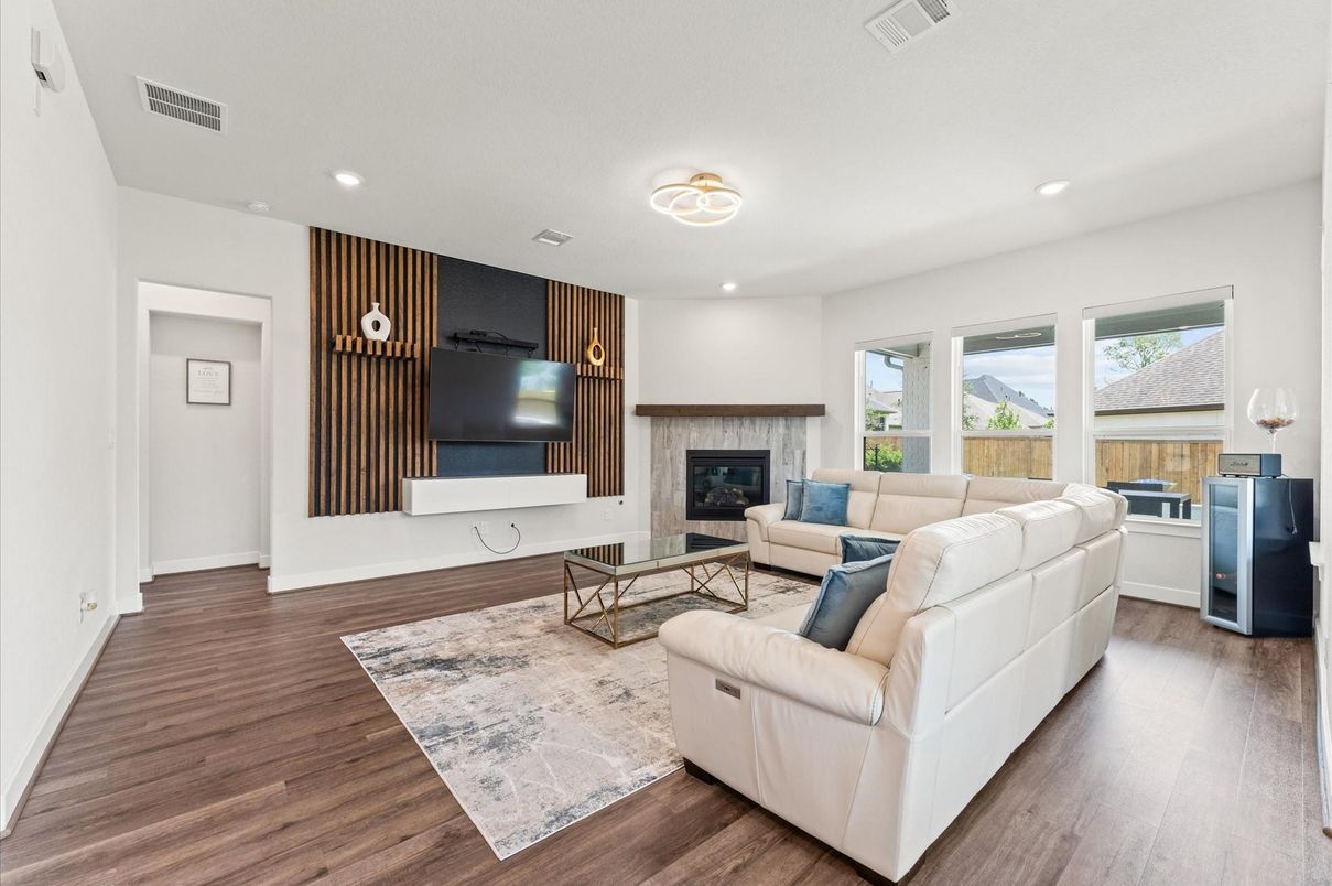 Fireplace, Interior, Living room, Recessed Lighting, Wood Texture Flooring