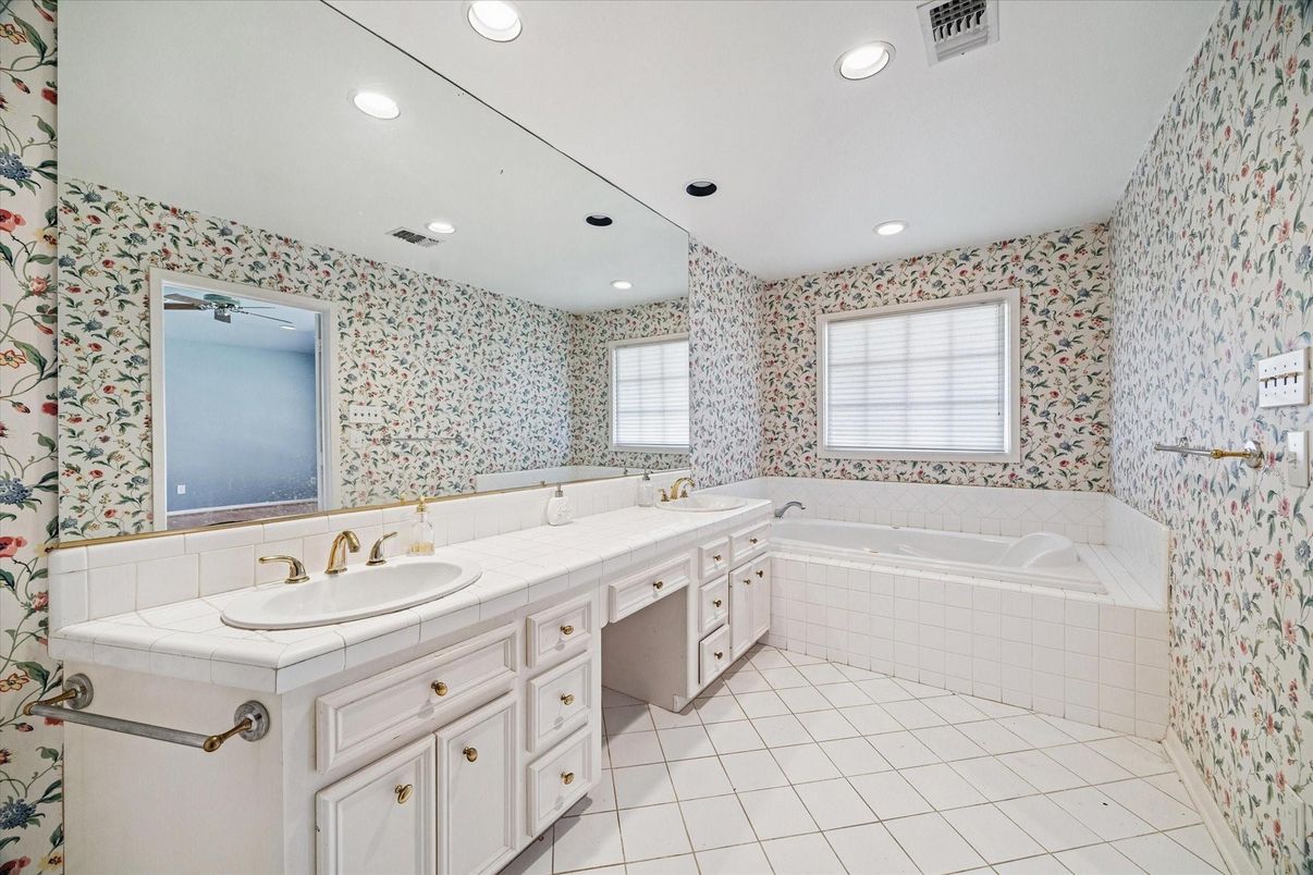 Bathroom, Dual Sink Vanities, Interior, Recessed Lighting, Tile Countertops