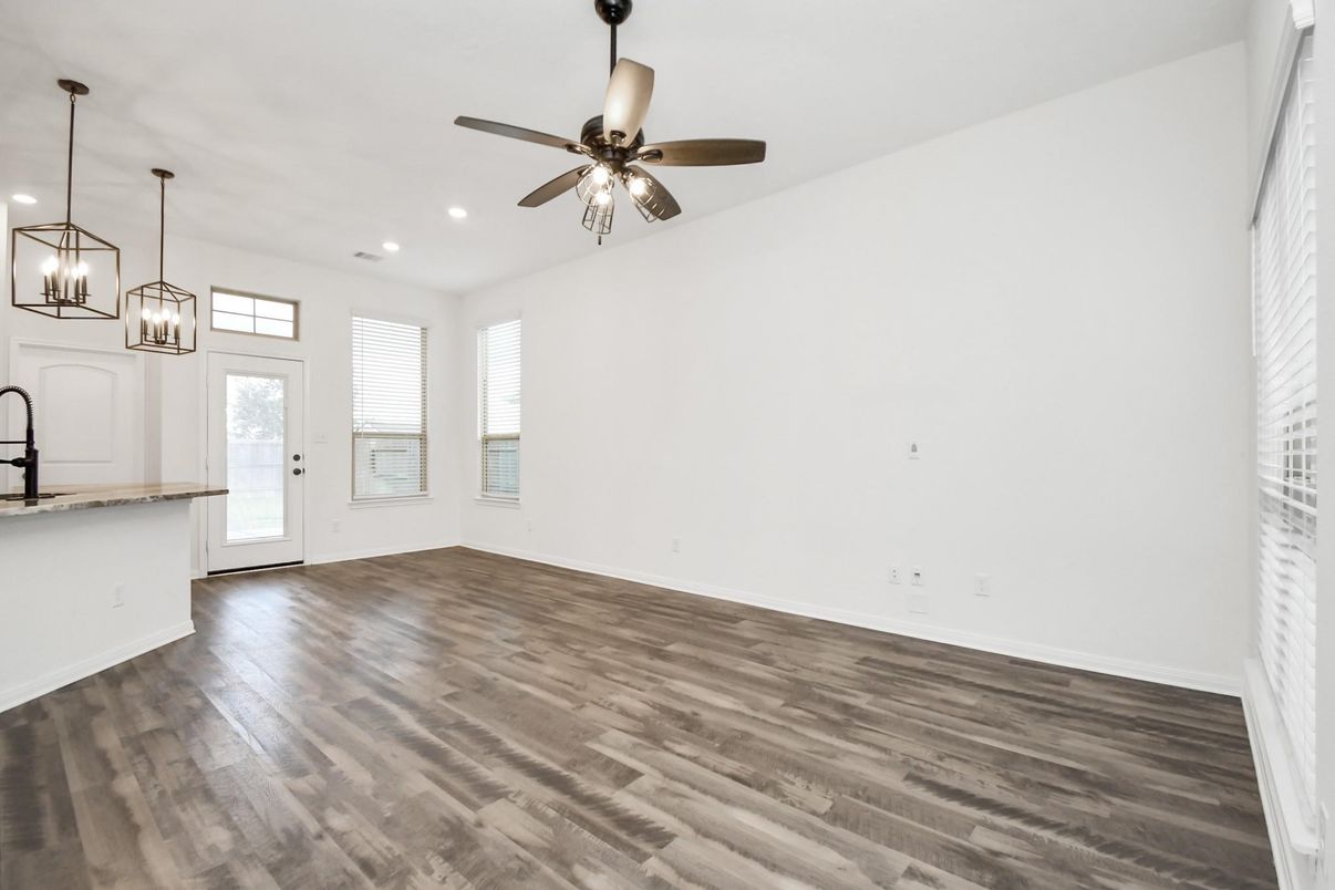Empty room, Interior, Pendant Lights, Recessed Lighting, Wood Texture Flooring