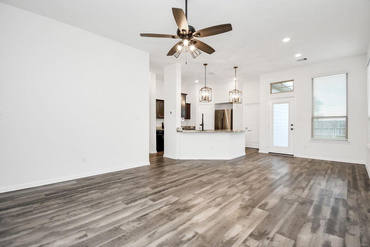 Empty room, Interior, Kitchen, Pendant Lights, Recessed Lighting, Wood Texture Flooring