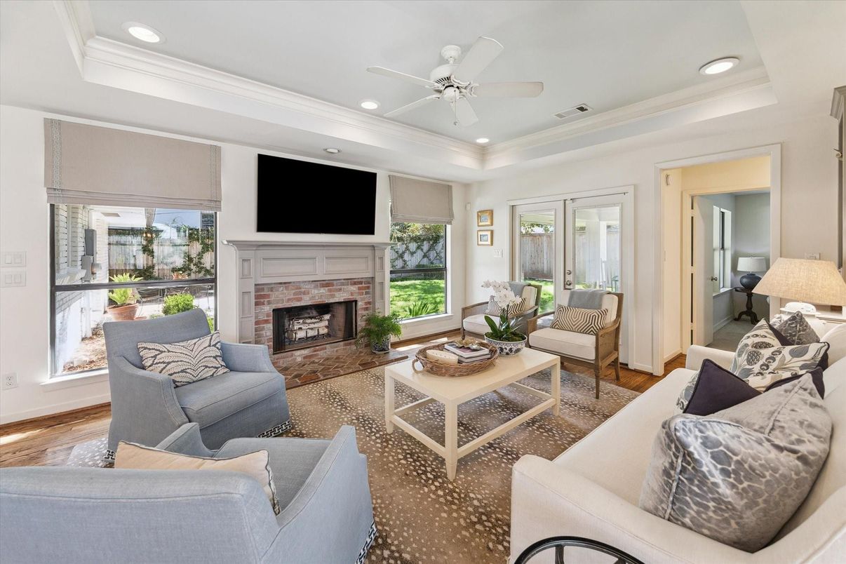 Fireplace, Interior, Living room, Recessed Lighting, Wood Texture Flooring