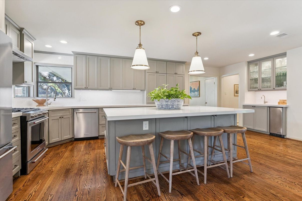 Interior, Kitchen, Pendant Lights, Recessed Lighting, Stainless Steel Appliances, Wood Texture Flooring
