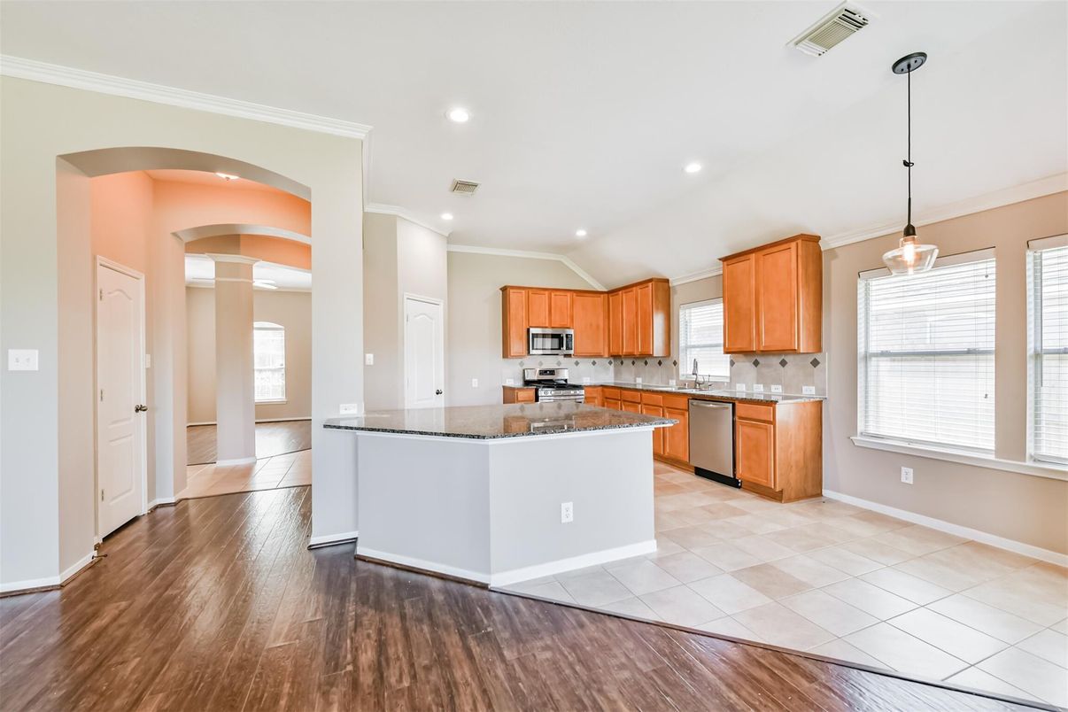 Interior, Kitchen, Pendant Lights, Recessed Lighting, Stainless Steel Appliances, Wood Texture Flooring