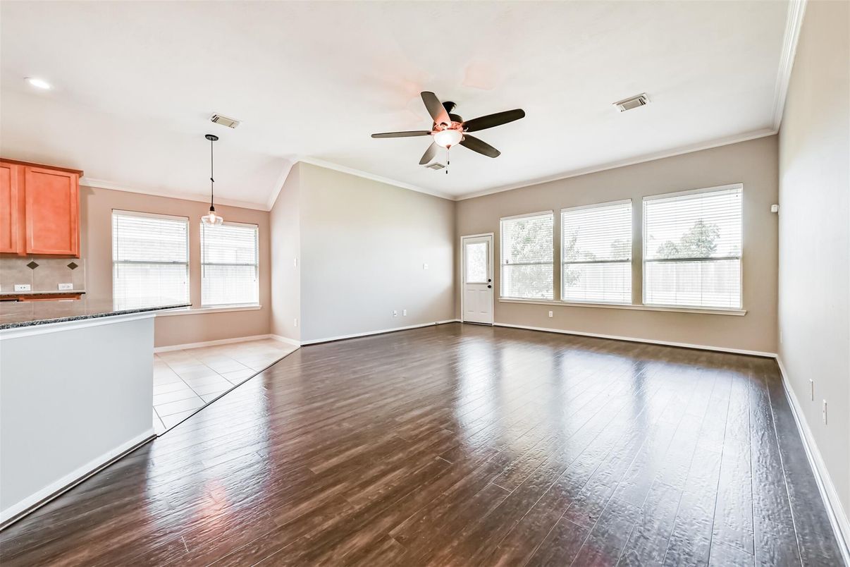 Empty room, Interior, Pendant Lights, Recessed Lighting, Wood Texture Flooring