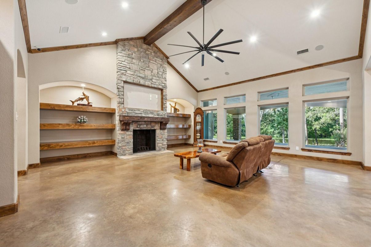 Fireplace, Interior, Living room, Pendant Lights, Recessed Lighting, Wooden Beams